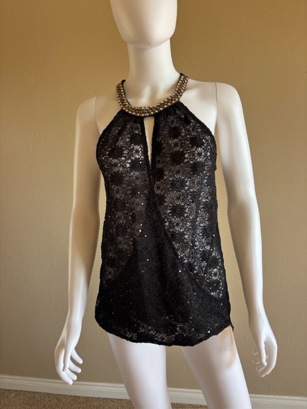 Black Sheer Lace Halter Top Clubbing Party Festival Party Blouse